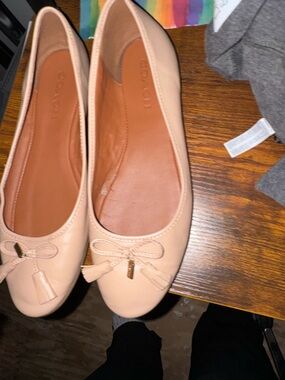 Coach Nude Pink Leather Ballet Flats with Tassel Bow